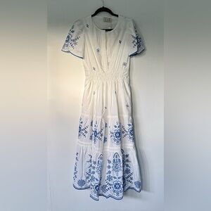 Joie White and Blue Smocked Maxi Sundress